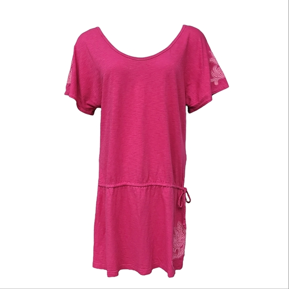 Athleta Dress Pink Mini Summer Floral Embroidery Relaxed Boat Neck sz M - Picture 1 of 13